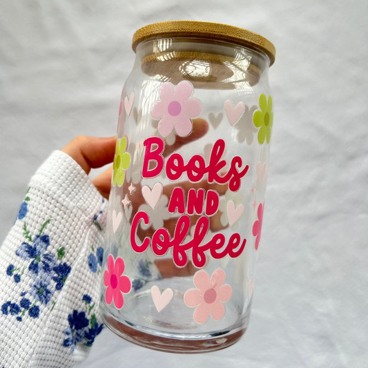 Books & Coffee 16oz glass cup