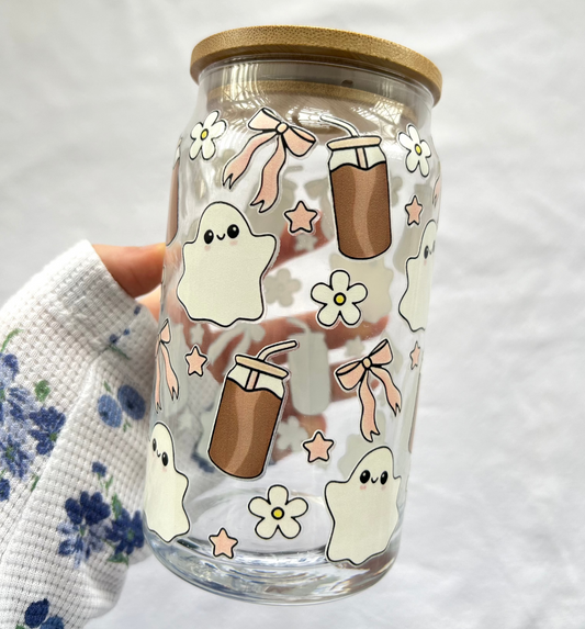 Ghosts & Coffee 16oz glass cup