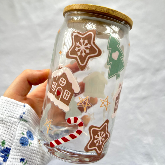 Gingerbread themed 16oz glass cup