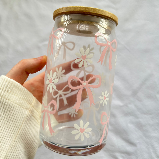 Pink bows 16oz glass cup