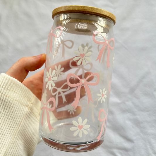 Pink bows 16oz glass cup